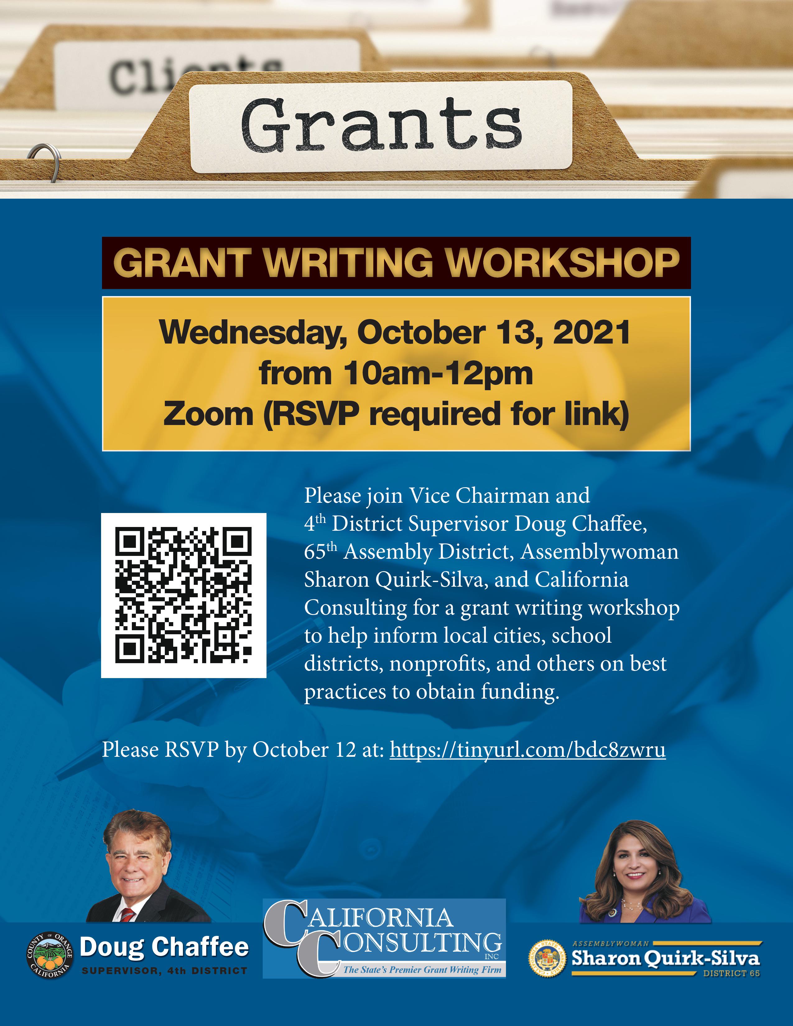 Come join us for our virtual Third Annual Grants Workshop on Wednesday, October 13 from 10 AM - 12 PM.